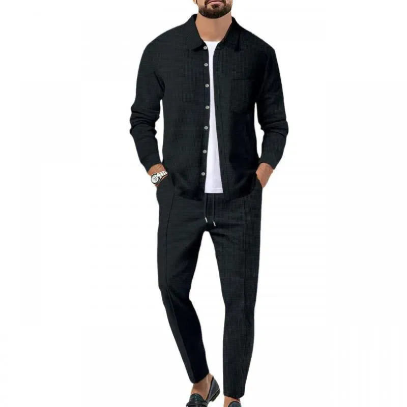 Men's Solid Color Waffle Lapel Long Sleeve Shirt Trousers Casual Set 39523166Z sold by Manly