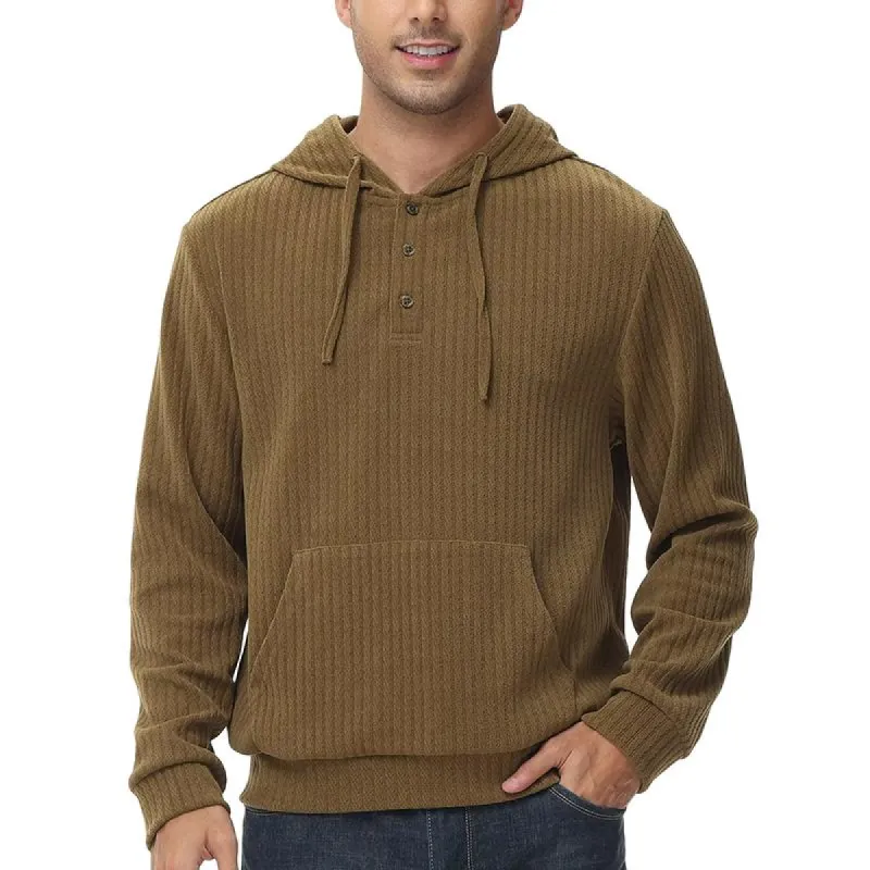Men's Solid Striped Buttons Collar  Kangaroo Pocket Long Sleeve Casual Hoodie 52598564Z sold by Manly