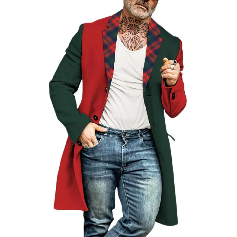 Men's Retro Casual Christmas Colorblock Printed Mid-Length Single-Breasted Coat 07577664TO sold by Manly