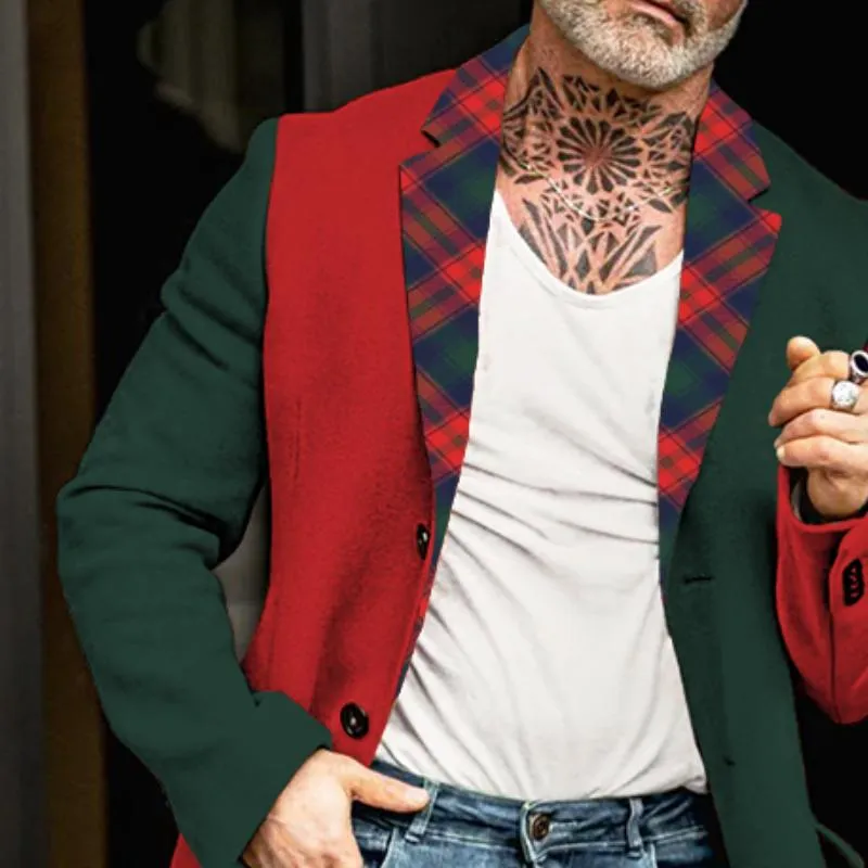 Men's Retro Casual Christmas Colorblock Printed Mid-Length Single-Breasted Coat 07577664TO sold by Manly product image thumbnail 3