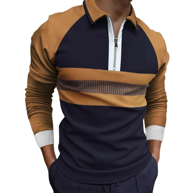 Men's Retro Casual Colorblock Print Lapel Long-sleeved Polo Shirt 90760403TO sold by Manly