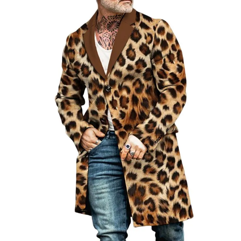 Men's Retro Casual Leopard Colorblock Print Mid-Length Coat 13052290TO sold by Manly
