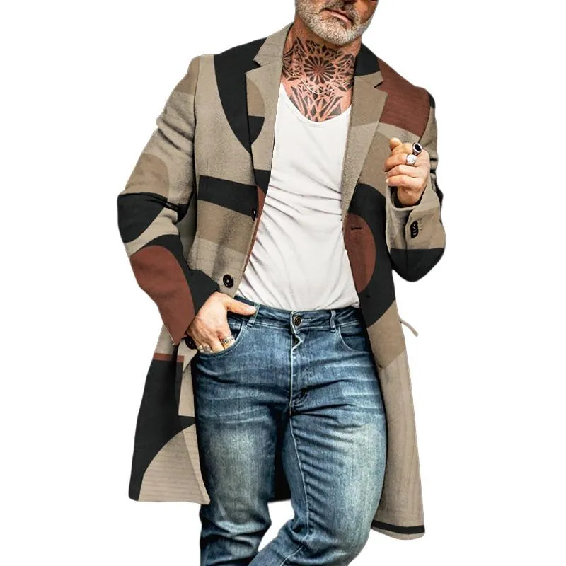 Men's Retro Casual Geometric Colorblock Printed Mid-Length Coat 83991448TO sold by Manly