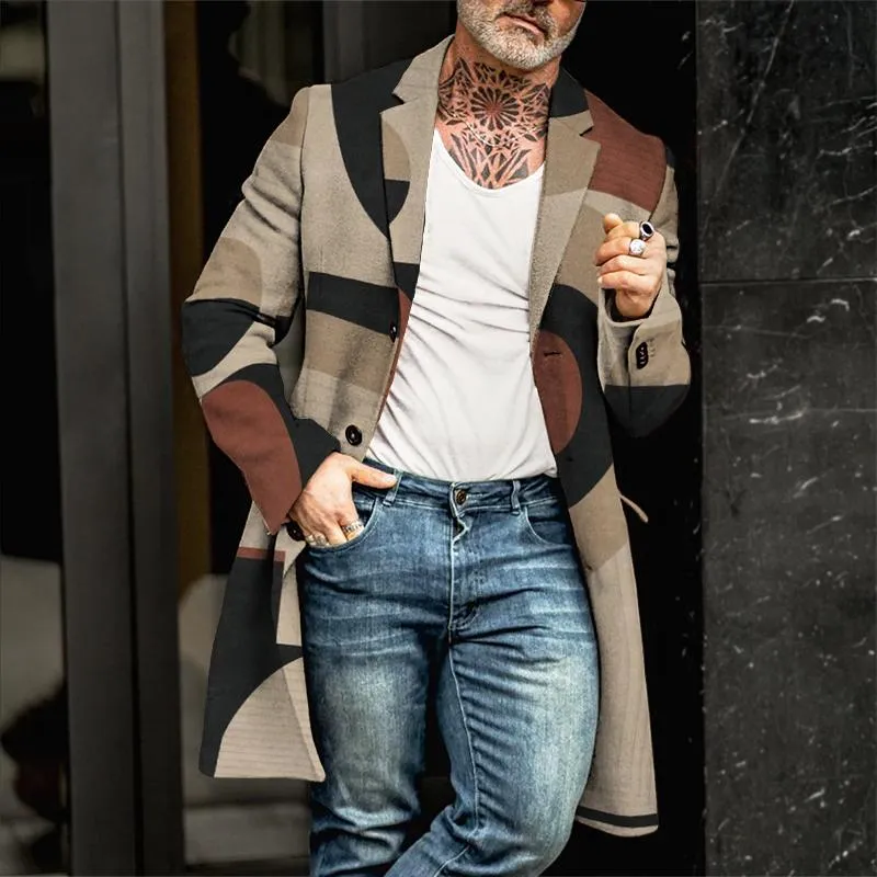 Men's Retro Casual Geometric Colorblock Printed Mid-Length Coat 83991448TO sold by Manly product image thumbnail 2