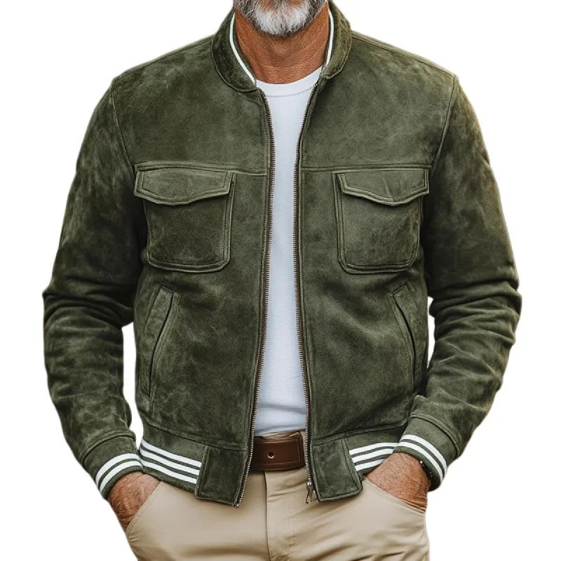 Men's Striped Trim Suede Stand Collar Multi-pocket Zipper Casual Jacket 78495236Z sold by Manly