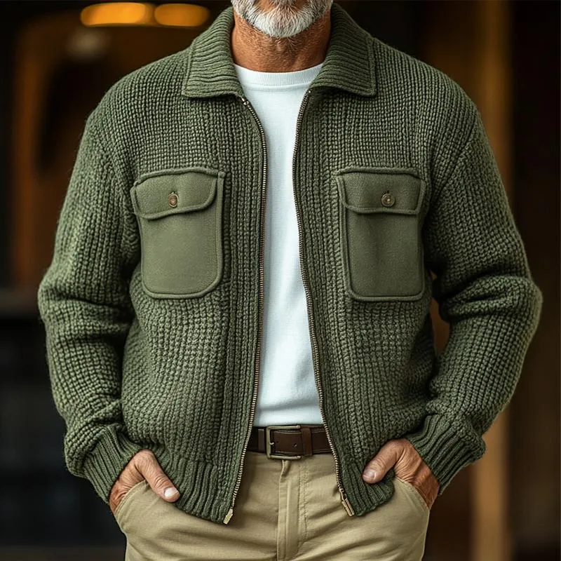 Men's Solid Knit Lapel Chest Pocket Zipper Casual Cardigan 60939696Z sold by Manly product image thumbnail 2