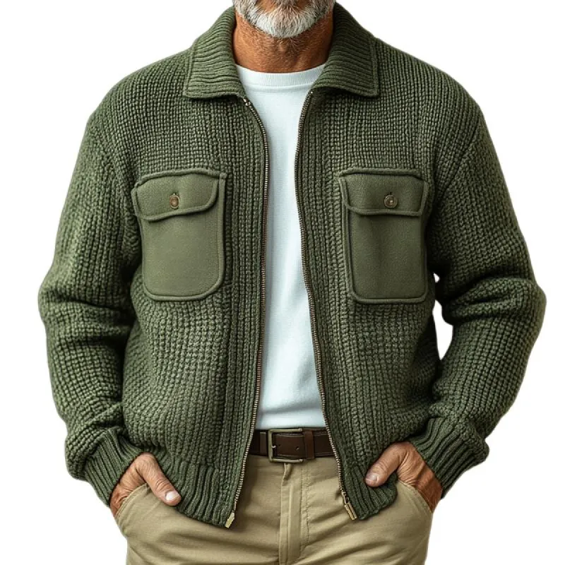 Men's Solid Knit Lapel Chest Pocket Zipper Casual Cardigan 60939696Z sold by Manly