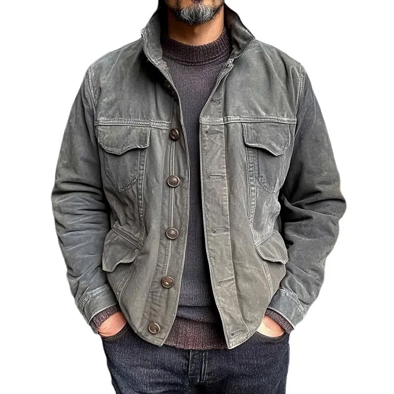 Men's Retro Denim Stand Collar Fake Pockets Single Breasted Casual Jacket 65307201Z sold by Manly