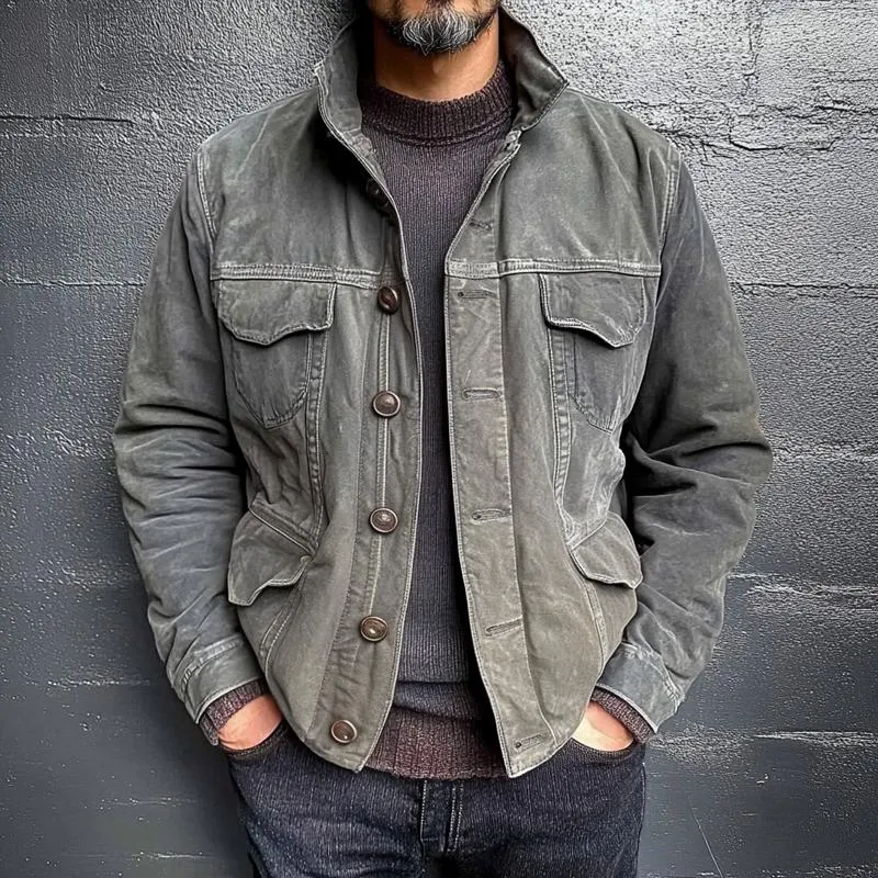 Men's Retro Denim Stand Collar Fake Pockets Single Breasted Casual Jacket 65307201Z sold by Manly product image thumbnail 2