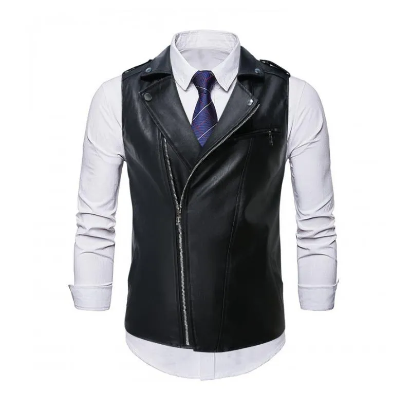 Men's Vintage Notch Lapel Slant Placket Zipper Motorcycle Leather Vest 69734060M sold by Manly