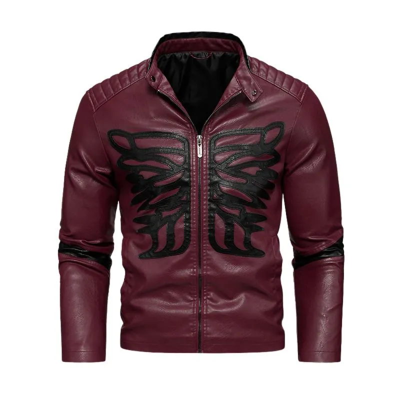 Men's Vintage Stand Collar Colorblock Embroidered Zipper Leather Jacket 86810895M sold by Manly