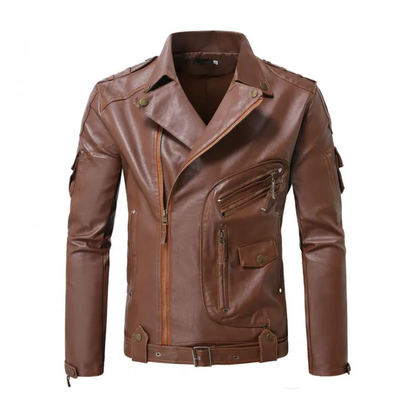 Men's Vintage Notch Lapel Zipper Multi-Pocket Motorcycle Leather Jacket 65176035M sold by Manly