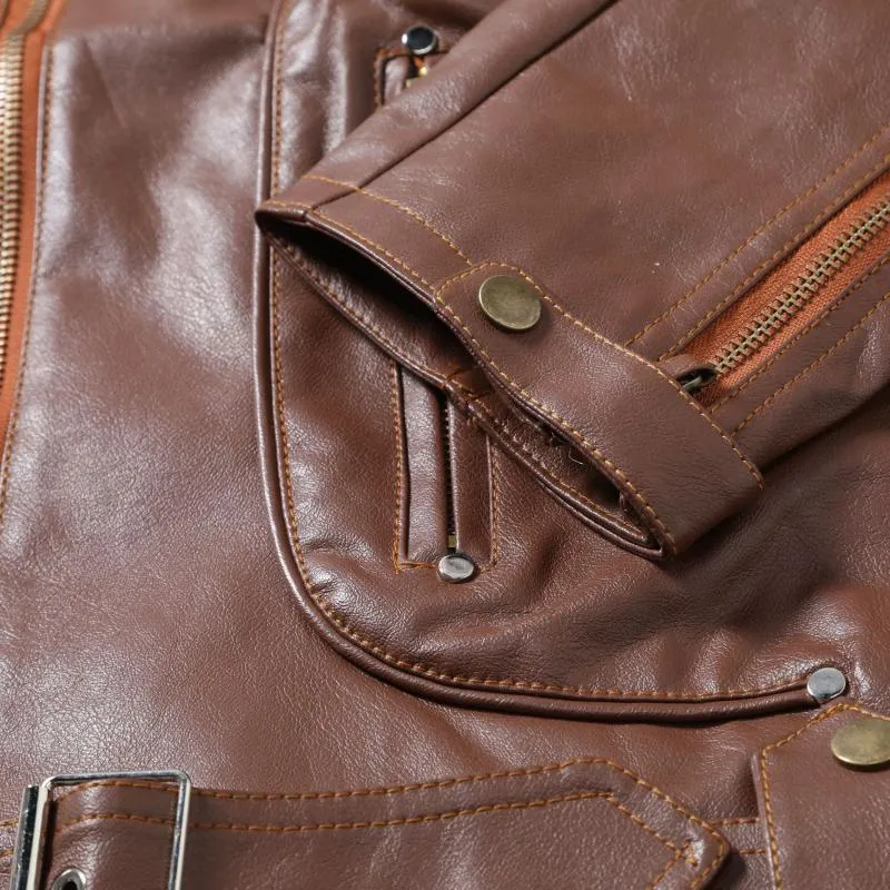 Men's Vintage Notch Lapel Zipper Multi-Pocket Motorcycle Leather Jacket 65176035M sold by Manly product image thumbnail 5