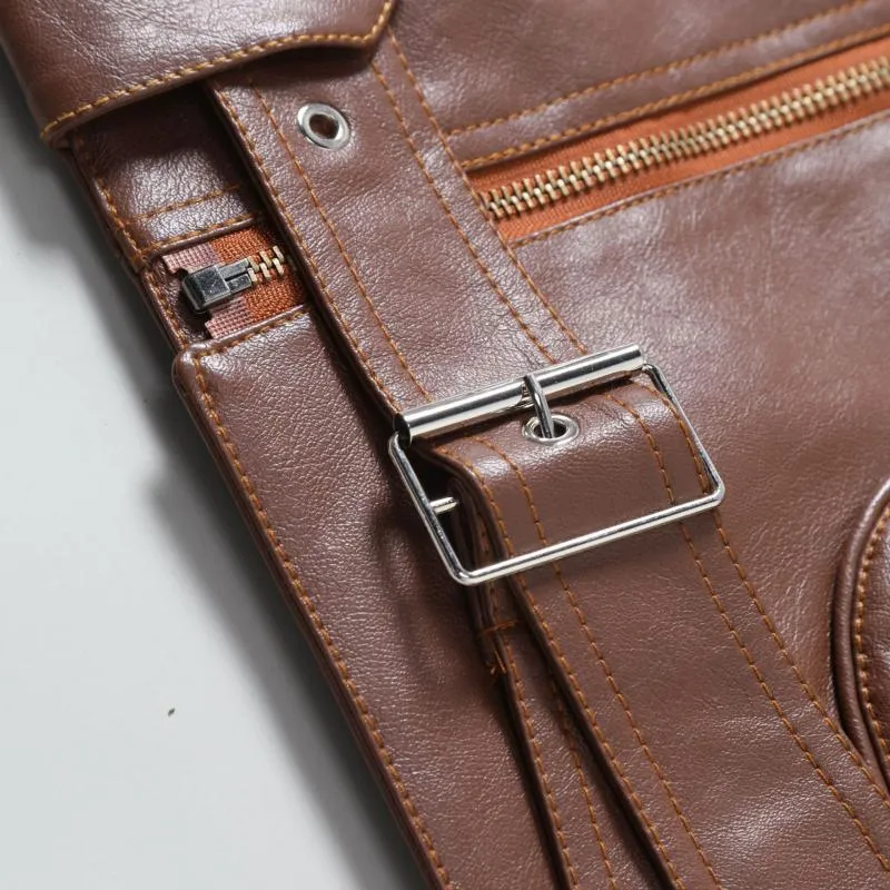 Men's Vintage Notch Lapel Zipper Multi-Pocket Motorcycle Leather Jacket 65176035M sold by Manly product image thumbnail 4