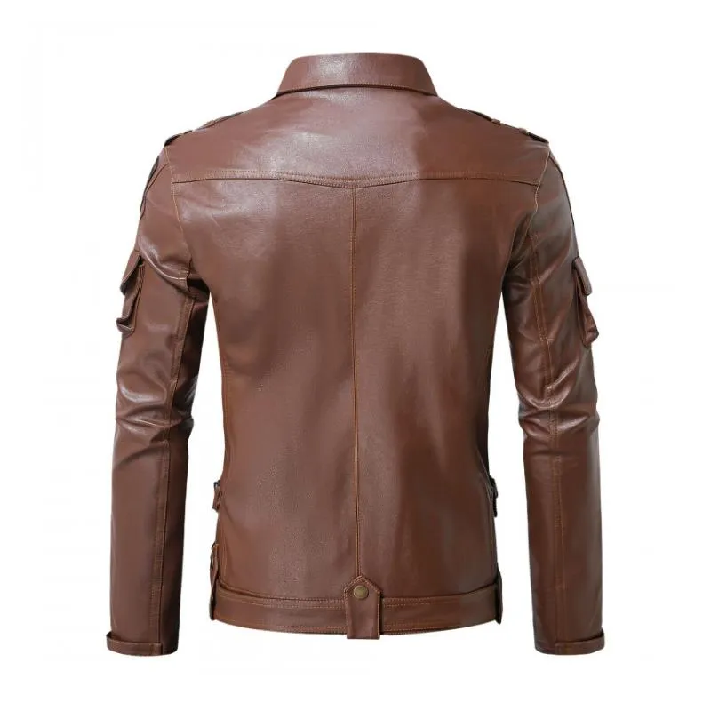 Men's Vintage Notch Lapel Zipper Multi-Pocket Motorcycle Leather Jacket 65176035M sold by Manly product image thumbnail 2
