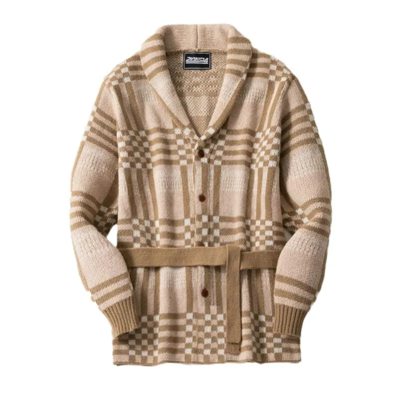 Men's Vintage Lapel Classic Plaid Jacquard Belt Mid-Length Knitted Cardigan 42302136M sold by Manly