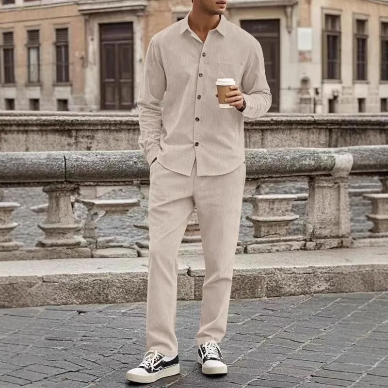 Men's Casual Corduroy Lapel Long Sleeve Shirt Straight Pants Set 35966201M sold by Manly product image thumbnail 4