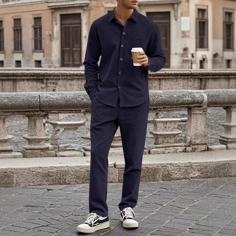 Men's Casual Corduroy Lapel Long Sleeve Shirt Straight Pants Set 35966201M sold by Manly product image thumbnail 2