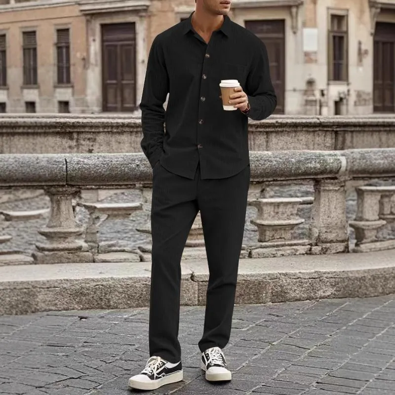 Men's Casual Corduroy Lapel Long Sleeve Shirt Straight Pants Set 35966201M sold by Manly product image thumbnail 5