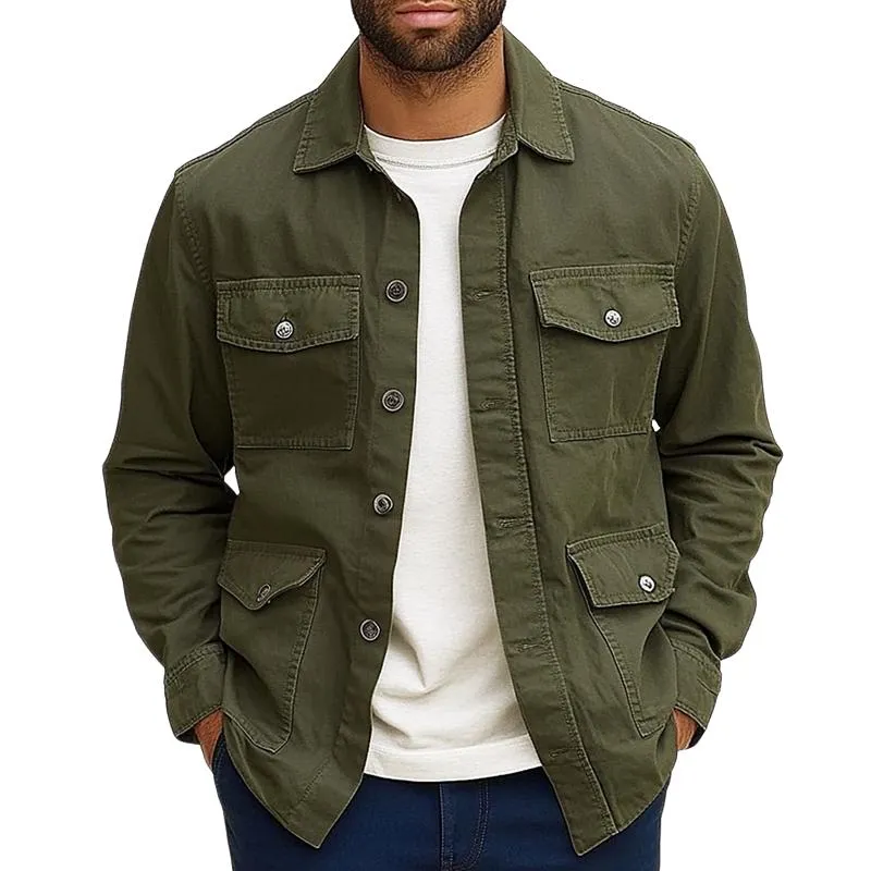 Men's Solid Color Lapel Multi-pocket Single Breasted Cargo Jacket 24542377Z sold by Manly