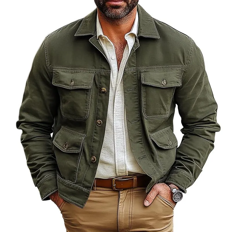 Men's Solid Color Lapel Multi-pocket Single Breasted Cargo Jacket 52586172Z sold by Manly