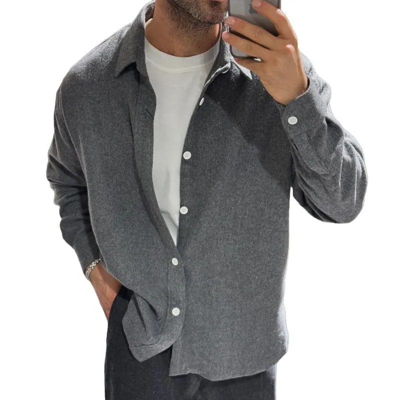 Men's Solid Color Loose Lapel Single Breasted Long Sleeve Warm Shirt 09332788Z sold by Manly