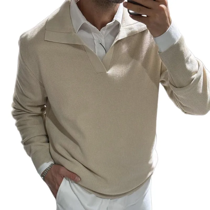 Men's Solid Color Waffle Lapel Long Sleeve Casual Polo Shirt 10437373Z sold by Manly