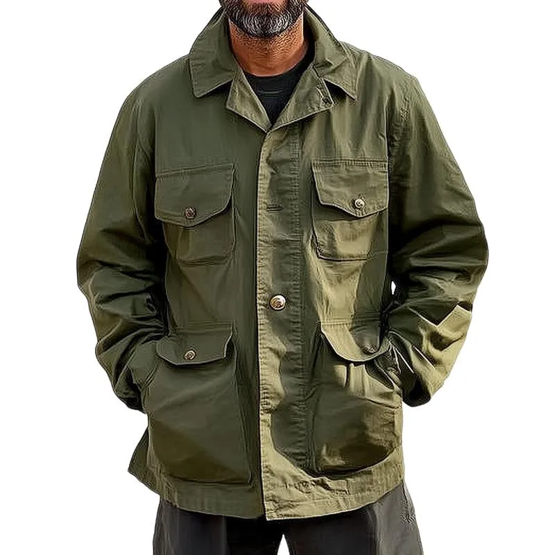 Men's Solid Color Lapel Multi-pocket Single Breasted Cargo Coat 05481340Z sold by Manly