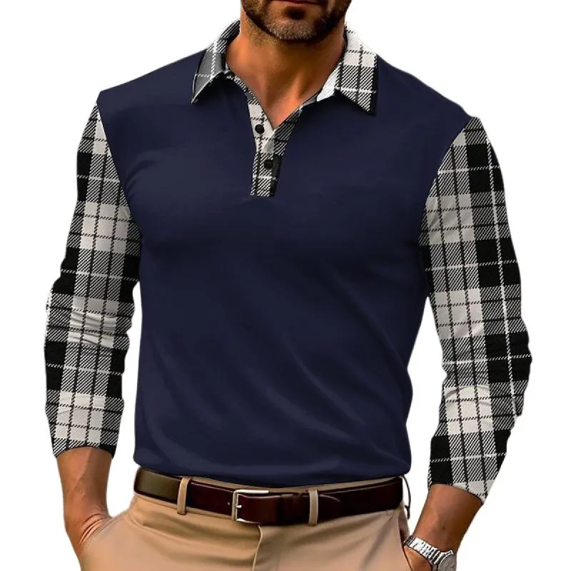 Men's Plaid Stitching Long Sleeve POLO Shirt 28226999X sold by Manly