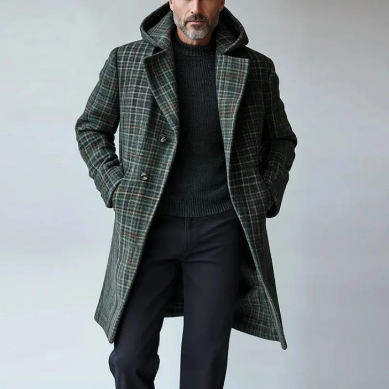 Men's Vintage Woolen Plaid Print Hooded Mid-Length Coat 17274534Y sold by Manly product image thumbnail 4
