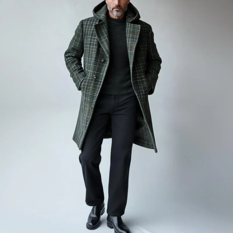 Men's Vintage Woolen Plaid Print Hooded Mid-Length Coat 17274534Y sold by Manly product image thumbnail 3