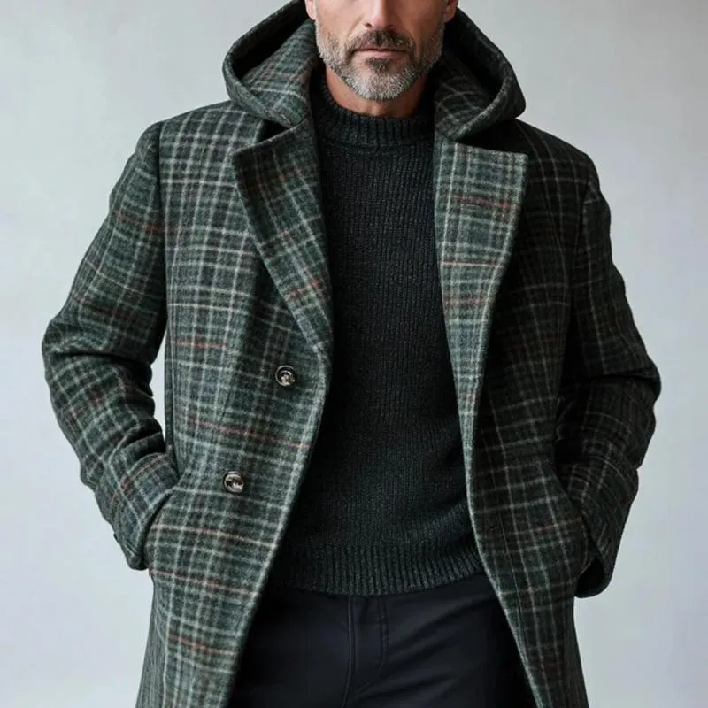 Men's Vintage Woolen Plaid Print Hooded Mid-Length Coat 17274534Y sold by Manly product image thumbnail 2