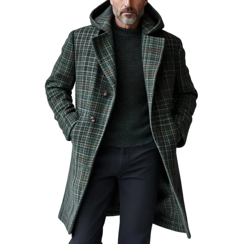 Men's Vintage Woolen Plaid Print Hooded Mid-Length Coat 17274534Y sold by Manly