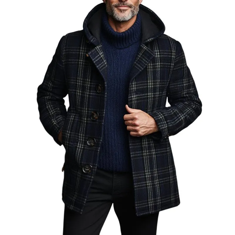 Men's Vintage Woolen Check Print Hooded Coat 00997806Y sold by Manly