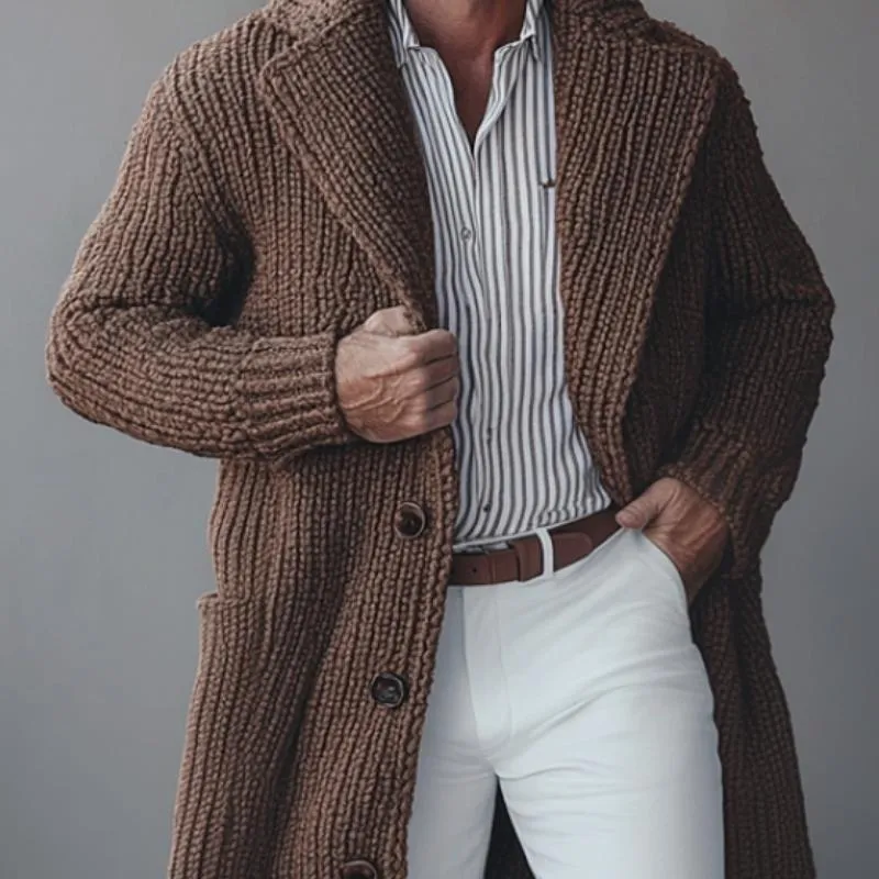 Men's Vintage Solid Color Lapel Single Breasted Mid-Length Knit Cardigan 90391917Y sold by Manly product image thumbnail 2