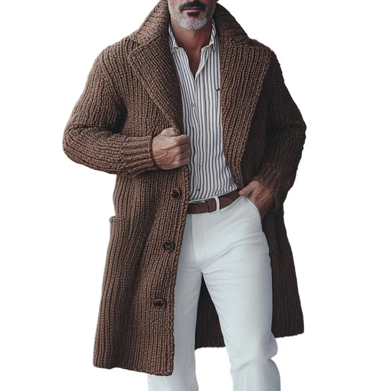 Men's Vintage Solid Color Lapel Single Breasted Mid-Length Knit Cardigan 90391917Y sold by Manly