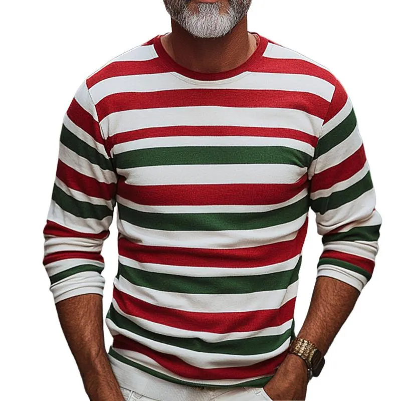 Men's Retro Casual Christmas Stripe Printed Round Neck Long Sleeve T-Shirt 97463573TO sold by Manly