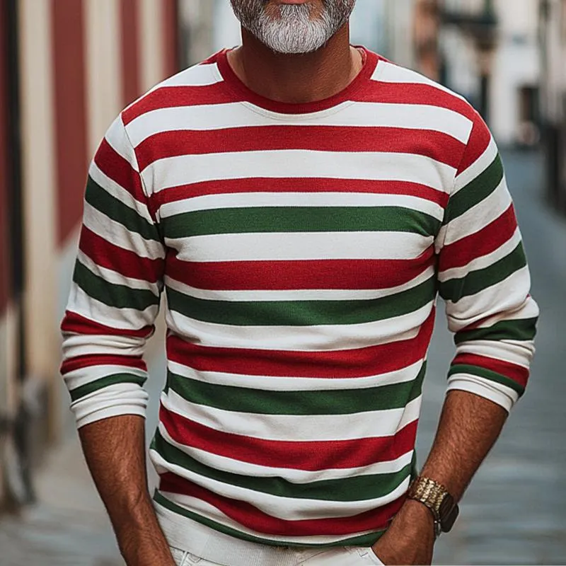 Men's Retro Casual Christmas Stripe Printed Round Neck Long Sleeve T-Shirt 97463573TO sold by Manly product image thumbnail 2