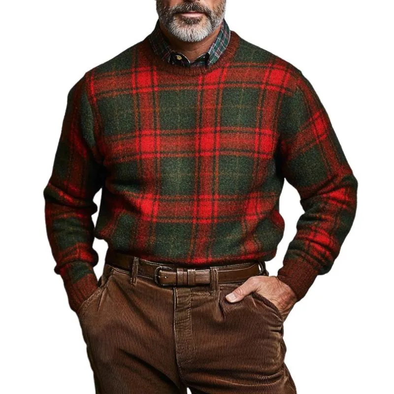 Men's Retro Casual Red and Green Plaid Christmas Round Neck Tweed Sweatshirt 55155639TO sold by Manly