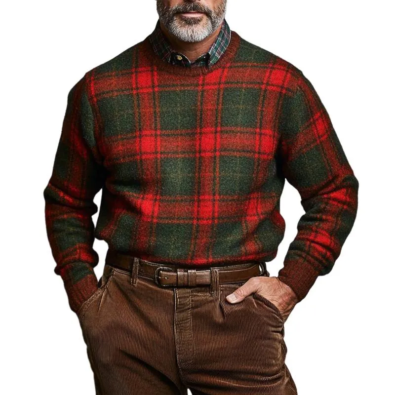 Men's Retro Casual Red and Green Plaid Christmas Round Neck Tweed Sweatshirt 55155639TO sold by Manly