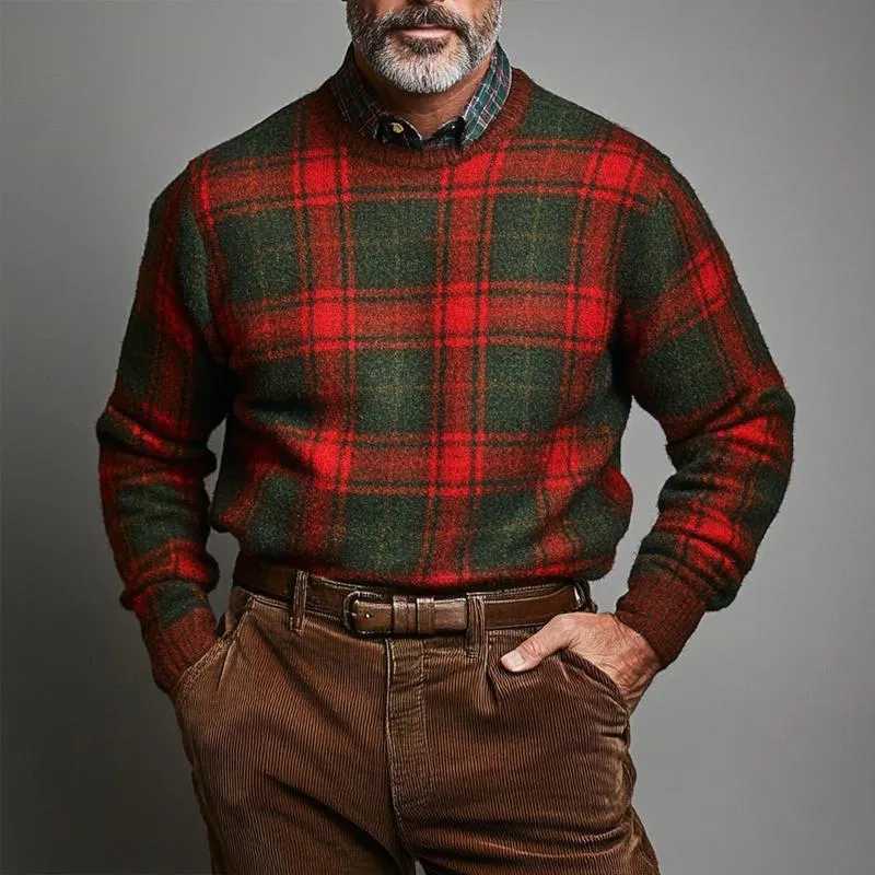 Men's Retro Casual Red and Green Plaid Christmas Round Neck Tweed Sweatshirt 55155639TO sold by Manly product image thumbnail 2