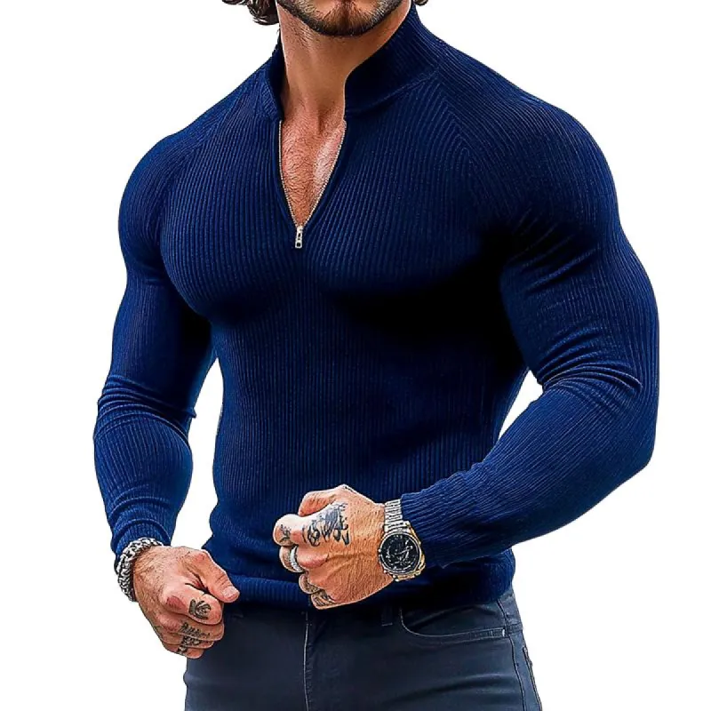 Men's Retro Casual Solid Color Stand Collar Zipper Long Sleeve T-Shirt 22490982TO sold by Manly