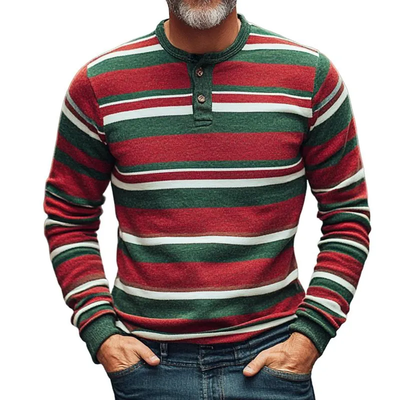 Men's Vintage Casual Christmas Striped Henley Long Sleeve T-Shirt 84532470TO sold by Manly