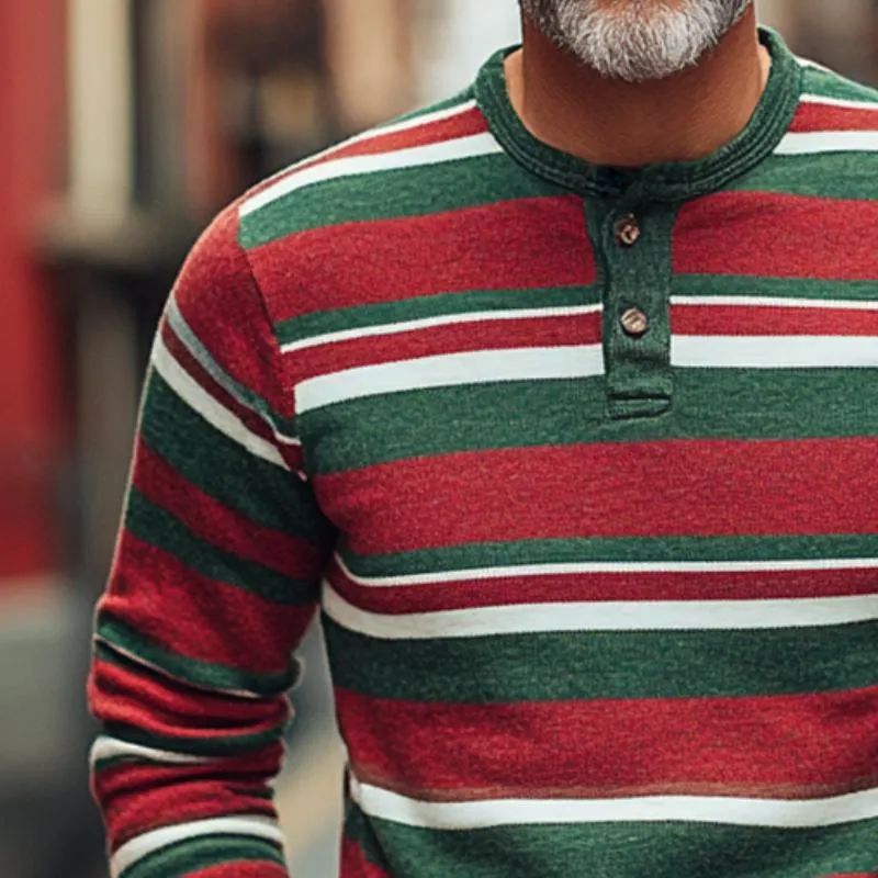 Men's Vintage Casual Christmas Striped Henley Long Sleeve T-Shirt 84532470TO sold by Manly product image thumbnail 3
