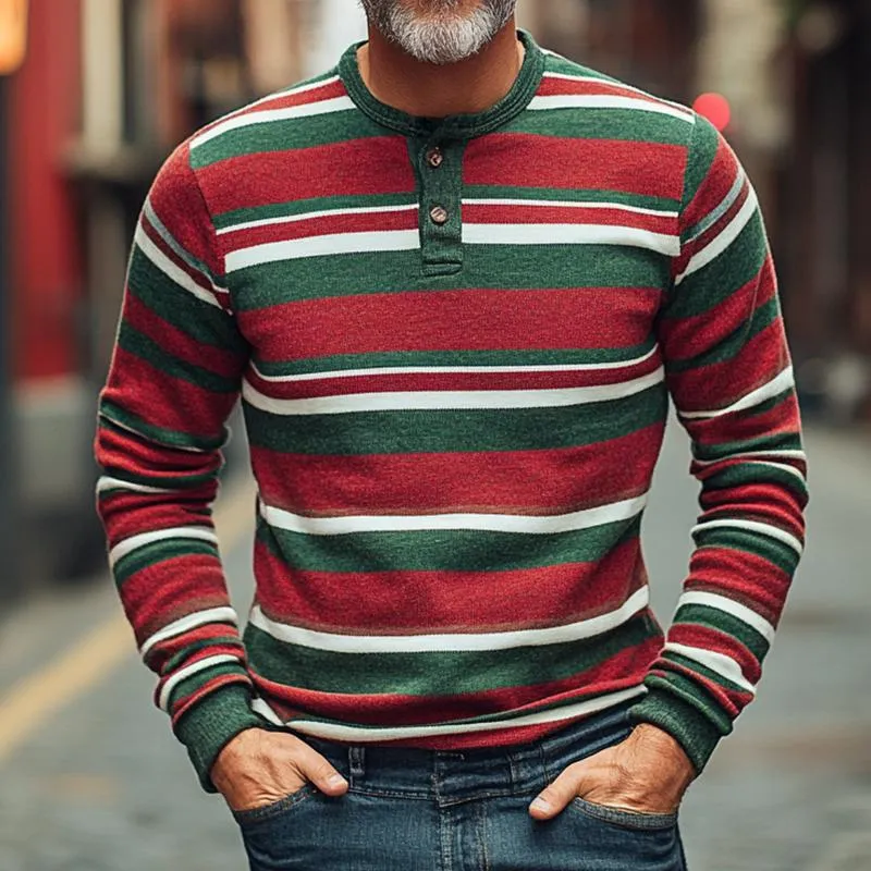 Men's Vintage Casual Christmas Striped Henley Long Sleeve T-Shirt 84532470TO sold by Manly product image thumbnail 2