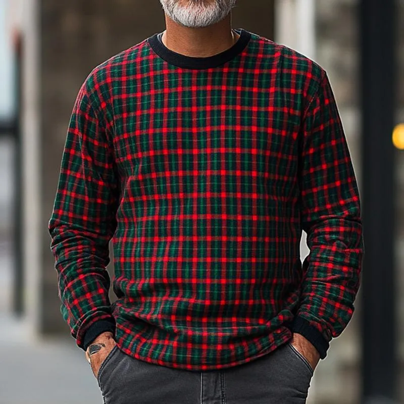 Men's Retro Casual Red and Green Plaid Christmas Crewneck Sweatshirt 97110529TO sold by Manly product image thumbnail 2