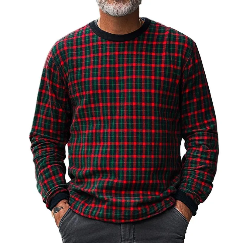 Men's Retro Casual Red and Green Plaid Christmas Crewneck Sweatshirt 97110529TO sold by Manly