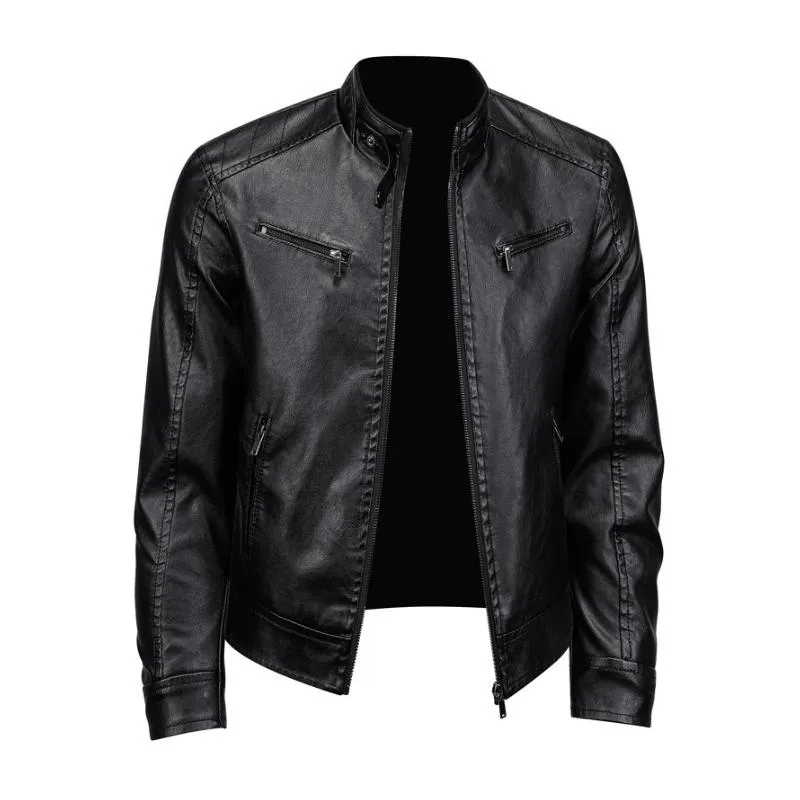 Men's Vintage Stand Collar Zipper Slim Fit Motorcycle Leather Jacket 29536672M sold by Manly product image thumbnail 4