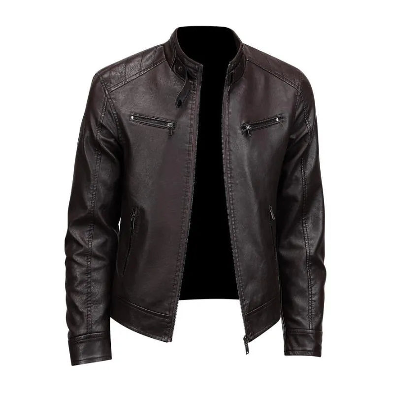 Men's Vintage Stand Collar Zipper Slim Fit Motorcycle Leather Jacket 29536672M sold by Manly product image thumbnail 3