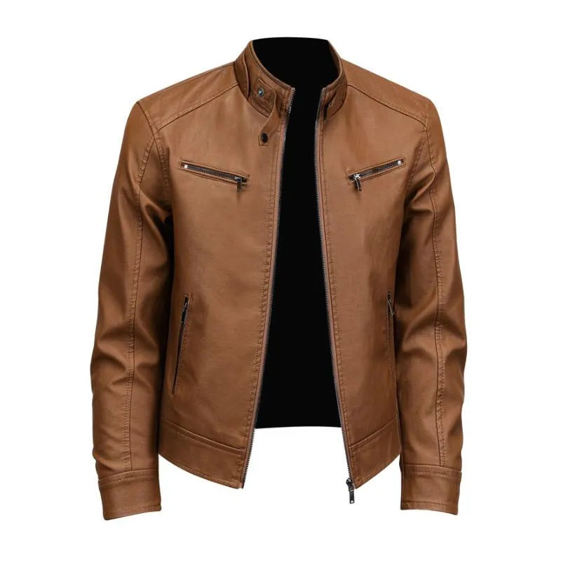 Men's Vintage Stand Collar Zipper Slim Fit Motorcycle Leather Jacket 29536672M sold by Manly product image thumbnail 2
